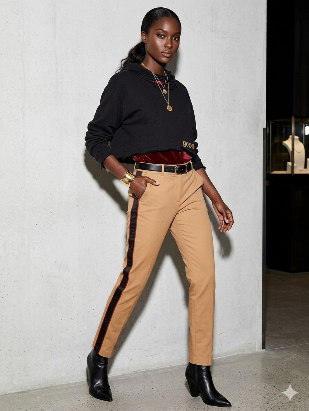 Scotch & Soda Tan Straight-Leg Pants with Black & Red Side Stripe